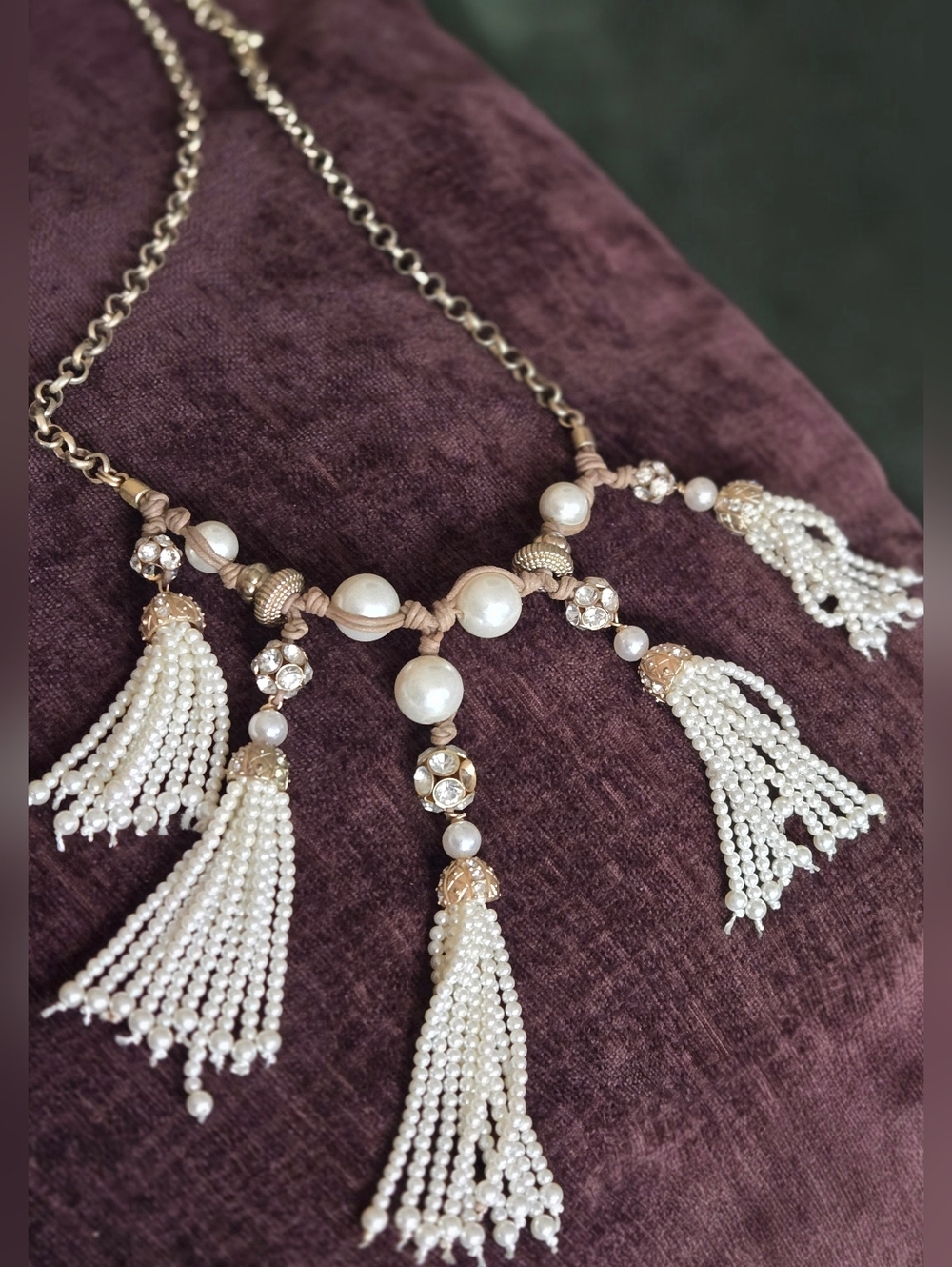 CHICO'S  "Gale" Fringe Faux Pearl Bib Statement Vintage Necklace 25in.